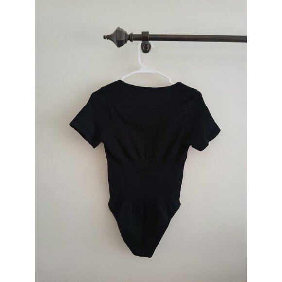 OQQ Womens L Black Ribbed Square Neck Bodysuit Short Sleeve Top Leotard Jumpsuit - Picture 5 of 5